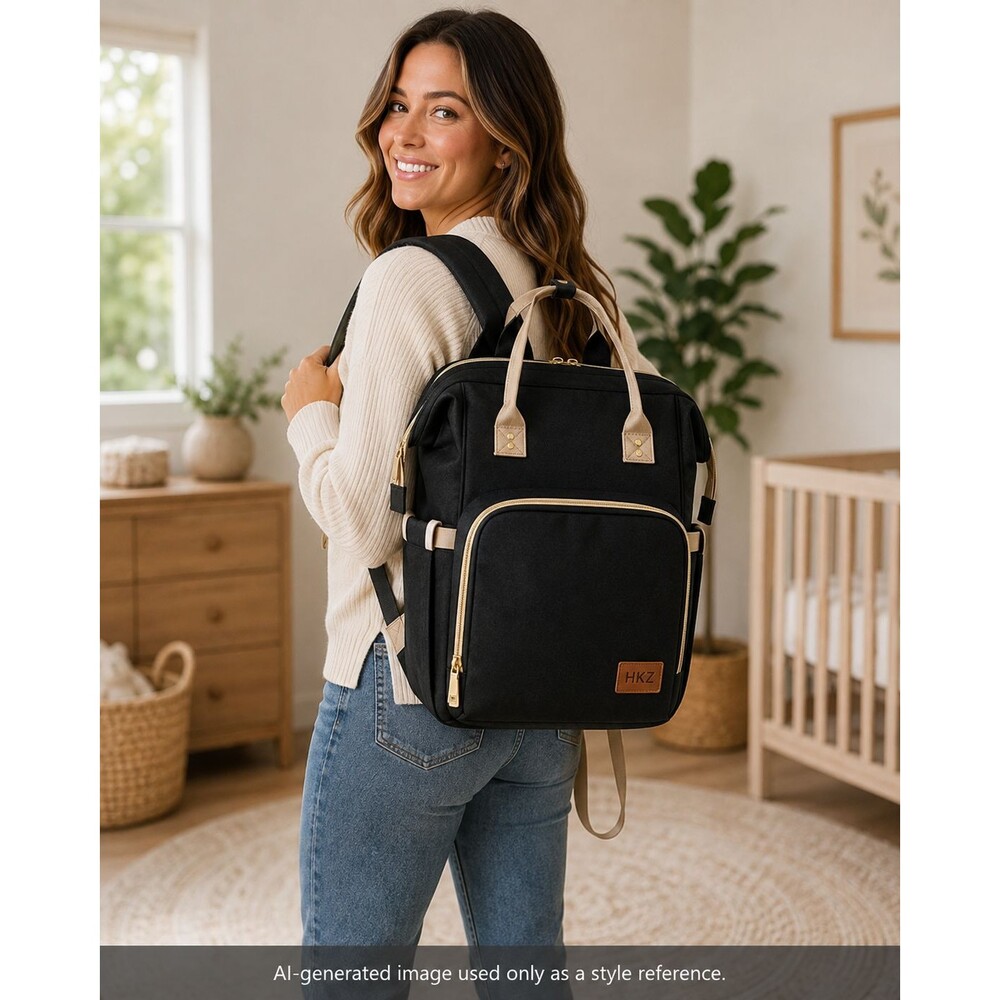 HKZ Solid Black/Beige Diaper Bag Backpack w/ Changing Pad, Inner/Outer Pockets
